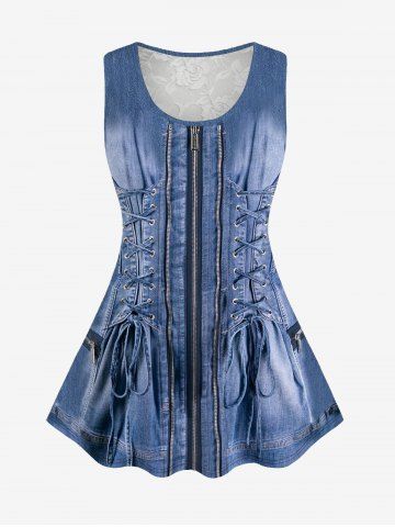 Plus Size Grommets Lace-up Zippers Denim 3D Print Rose Flower Lace Back Tank Top - BLUE - 3X