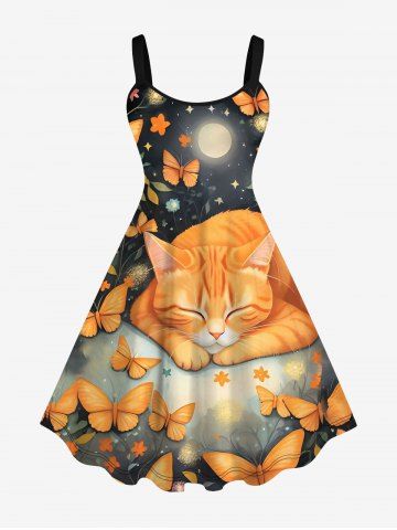 Plus Size Glitter Cat Moon Floral Butterfly Galaxy Printed Backless A Line Tank Dress