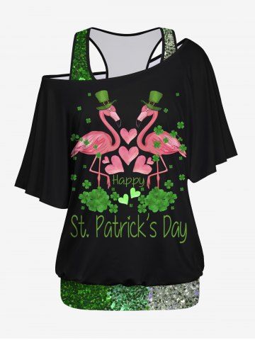 Plus Size Glitter Sparkling Sequins Print Racerback Tank Top and Crane Heart Four Leaf Clover Graphic St. Patrick's Day T-shirt Set - BLACK - XS