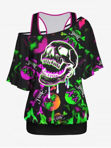 Plus Size Solid Racerback Tank Top and Skew Neck Batwing Sleeves Ombre Skulls Fire Print T-shirt Set - BLACK - XS