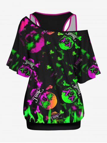 Plus Size Solid Racerback Tank Top and Skew Neck Batwing Sleeves Ombre Skulls Fire Print T-shirt Set