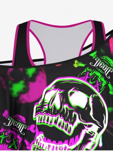 Plus Size Solid Racerback Tank Top and Skew Neck Batwing Sleeves Ombre Skulls Fire Print T-shirt Set