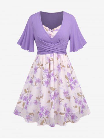 Plus Size Surplice Ruched Ruffles Ribbed Textured Crop Top and Flowers Leaf Print Cami Dress - PURPLE - 4X | US 26-28