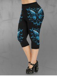 Gothic Distressed Glitter Butterfly Side Print Skinny Capri Leggings -  