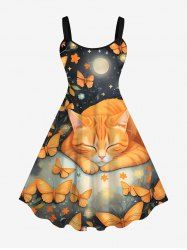 Plus Size Glitter Cat Moon Floral Butterfly Galaxy Printed Backless A Line Tank Dress -  