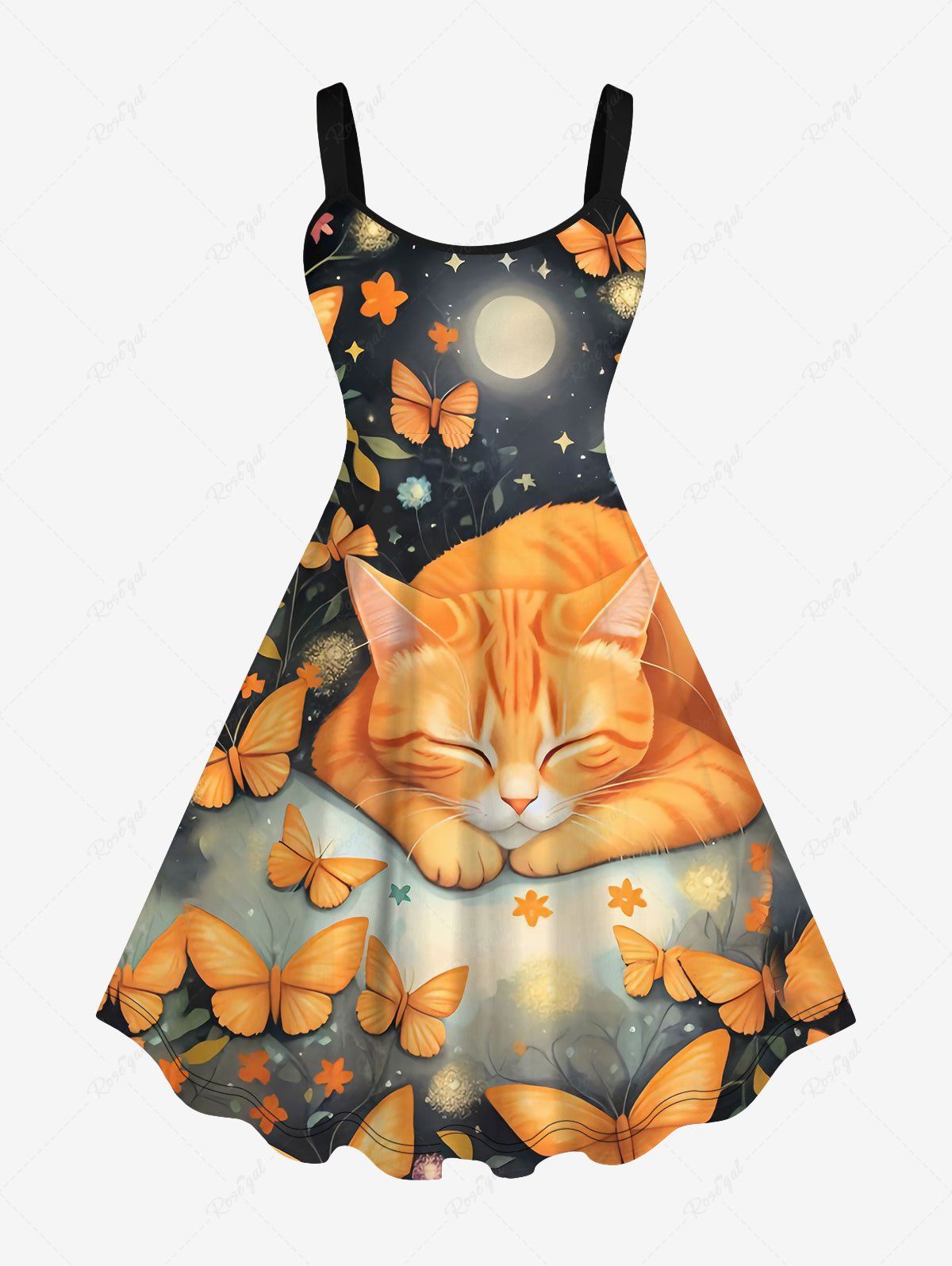 Outfit Plus Size Glitter Cat Moon Floral Butterfly Galaxy Printed Backless A Line Tank Dress  