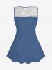 Plus Size Grommets Lace-up Zippers Denim 3D Print Rose Flower Lace Back Tank Top -  