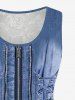 Plus Size Grommets Lace-up Zippers Denim 3D Print Rose Flower Lace Back Tank Top -  