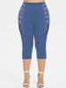 Plus Size Grommets Lace Up Denim 3D Print Capri Leggings -  