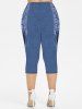 Plus Size Grommets Lace Up Denim 3D Print Capri Leggings -  