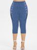 Legging Capri 3D Jean Imprimé de Grande Taille à Lacets avec Œillet - Bleu 3X