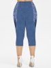 Legging Capri 3D Jean Imprimé de Grande Taille à Lacets avec Œillet - Bleu 3X