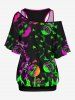 Plus Size Solid Racerback Tank Top and Skew Neck Batwing Sleeves Ombre Skulls Fire Print T-shirt Set -  