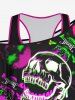 Plus Size Solid Racerback Tank Top and Skew Neck Batwing Sleeves Ombre Skulls Fire Print T-shirt Set -  