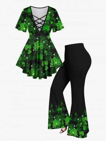 St. Patrick's Day Clover Leaf Glitter 3D Print Lattice Crisscross Flare Short Sleeve T-shirt And St. Patrick's Day Leaf Clover Glitter 3D Printed Flare Pants Outfit