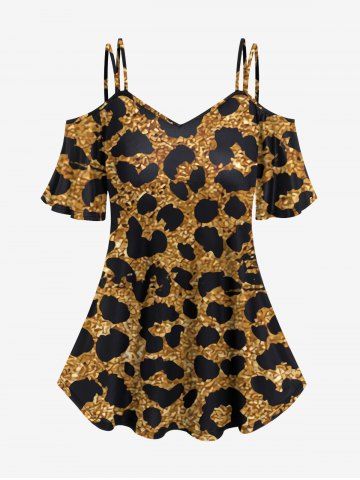 Plus Size Leopard Glitter Sparkling Sequin 3D Print Cold Shoulder T-shirt - DEEP YELLOW - XS