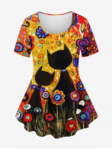 Plus Size Oil Painting Cats Flowers Colorblock Print T-shirt - ORANGE - M