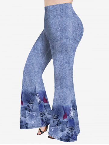 Plus Size Rose Flower Pocket Ombre Denim Print Pull On Flare Pants - BLUE - S
