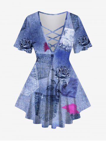 Plus Size Rose Flower Pocket Ombre Denim Print Lattice Top - BLUE - 2X