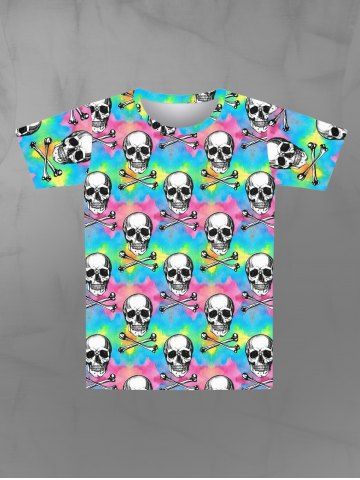 T-shirt à Manches Courtes en Blocs de Couleurs Gothique Crâne Squelette Imprimée pour Homme - MULTI-A - XL