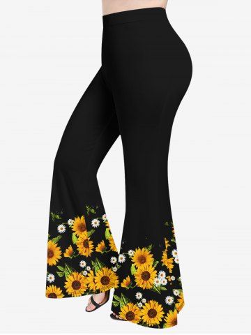 Plus Size Sunflower Daisy Print Pull On Flare Pants - BLACK - L