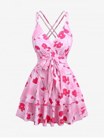 Plus Size Flower Print Surplice Crisscross Strapy Tie Layered One Piece Swimsuit - LIGHT PINK - 1X | US 14-16