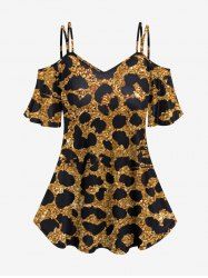 Plus Size Leopard Glitter Sparkling Sequin 3D Print Cold Shoulder T-shirt -  