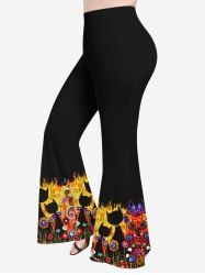 Plus Size Cats Flowers Colorblock Print Flare Pants -  