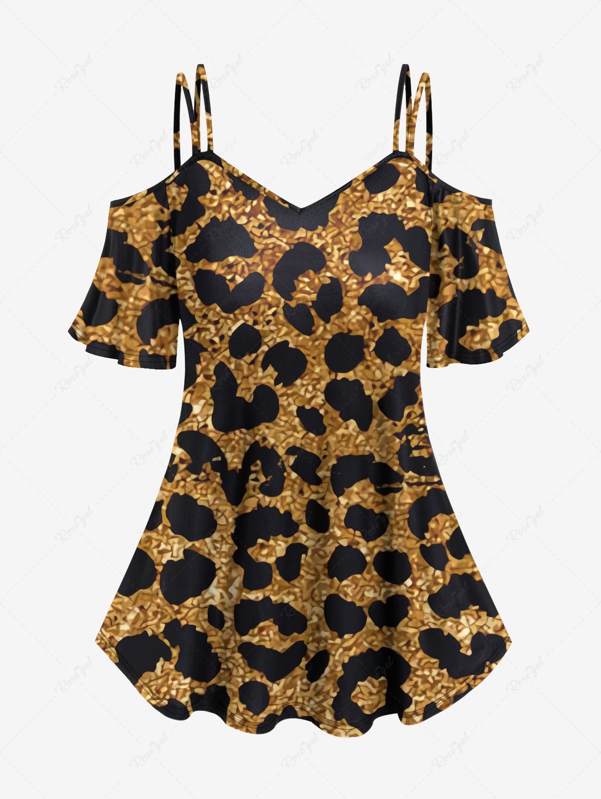 Hot Plus Size Leopard Glitter Sparkling Sequin 3D Print Cold Shoulder T-shirt  