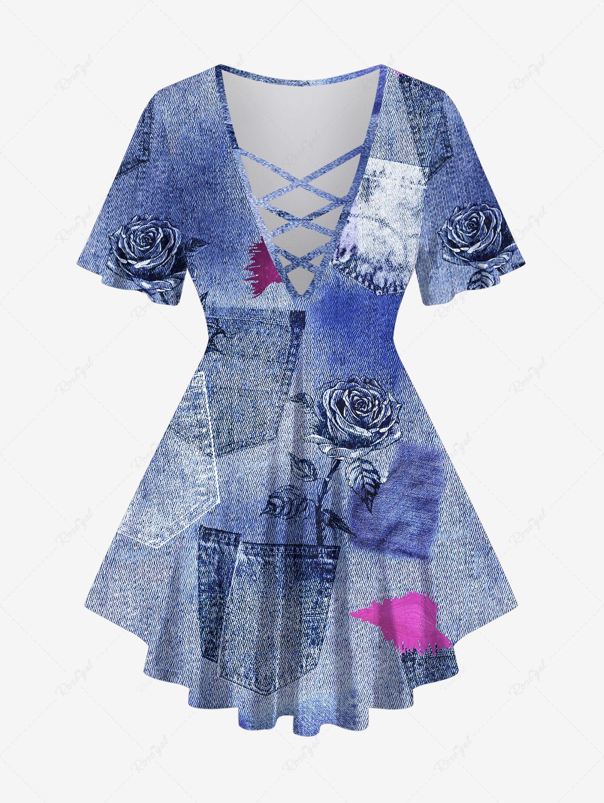 Haut en Denim Ombré Rose Fleur Imprimée avec Poche de Grande Taille Bleu 3X