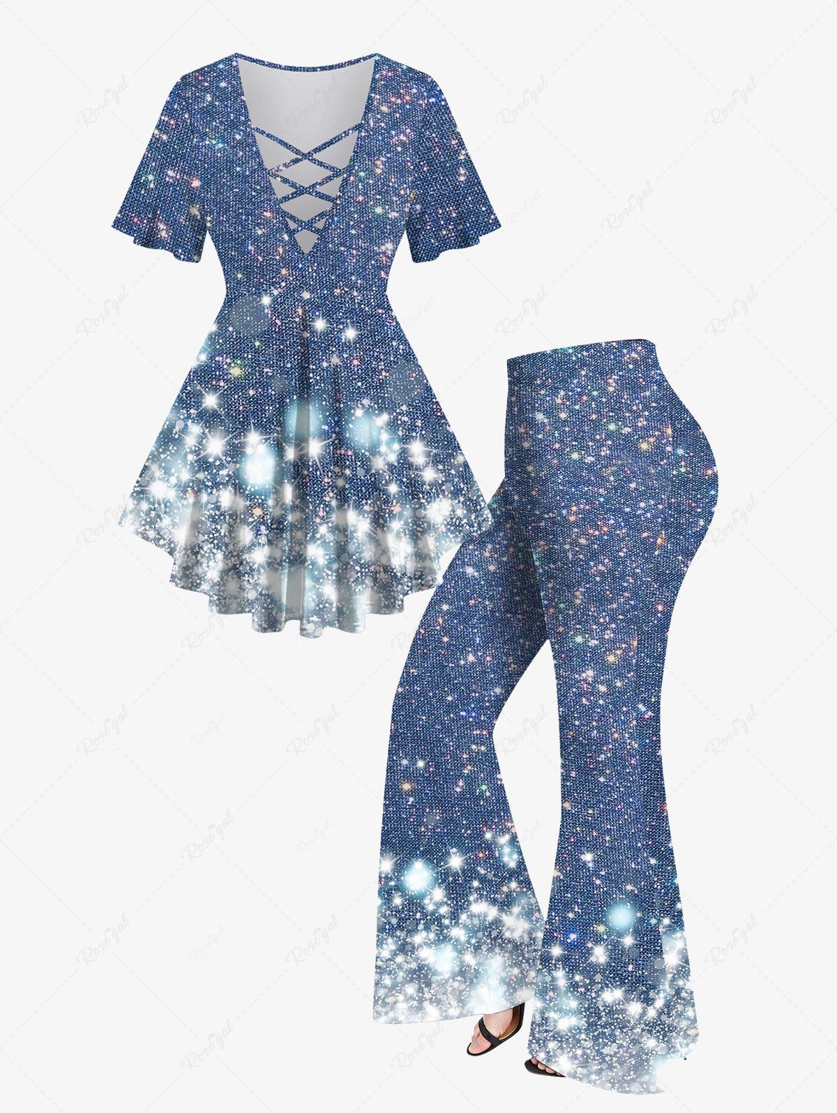 Sale Galaxy Sparkling Sequin Glitter Jeans 3D Printed Lattice Crisscross Flare Sleeve T-shirt And Flare Pants Plus Size 70s 80s Outfit  