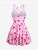 Plus Size Flower Print Surplice Crisscross Strapy Tie Layered One Piece Swimsuit -  