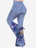 Plus Size Rose Flower Pocket Ombre Denim Print Pull On Flare Pants -  