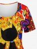 T-shirt Chat Fleur Peinture à L'Huile en Blocs de Couleurs de Grande Taille - Orange S