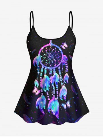 Fashion Glitter Colorful Feather Dreamcatcher Butterfly Galaxy Print Tankini Top(Adjustable Shoulder Strap) - BLACK - XS