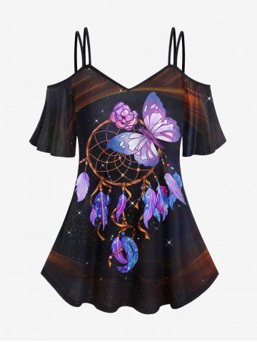 Plus Size Cold Shoulder Glitter Stars Galaxy Feather Dreamcatcher Butterfly Floral Print Ombre Cami T-shirt - BLACK - S