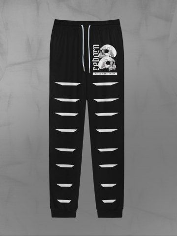 Pantalon de Jogger Déchiré Imprimé Lettre et Crâne à Corde - BLACK - XL