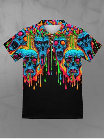 Gothic Turn-down Collar Colorful Paint Drop Skulls Print Buttons Polo Shirt For Men - BLACK - 2XL