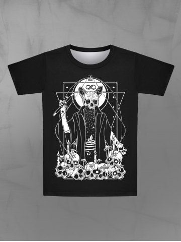 Gothic Skulls Candle Sword Dog Wizard Stars Print Short Sleeves T-shirt For Men - BLACK - 5XL