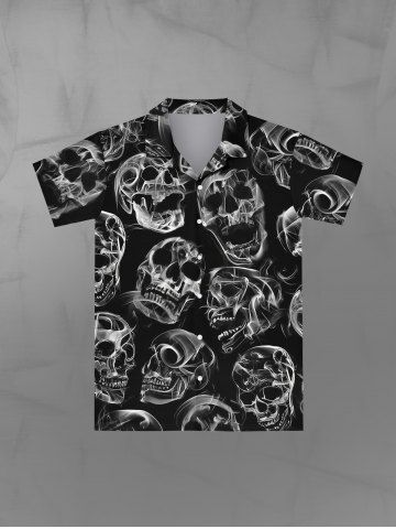 Gothic Turn-down Collar Fire Skulls Print Buttons Shirt For Men - BLACK - XS