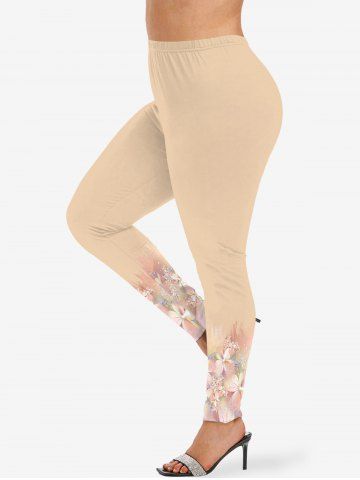 Plus Size Flowers Glitter 3D Print Leggings - BEIGE - S