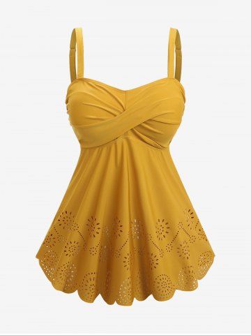 Plus Size Twist Ruched Flower Hollow Out Ruffles Tankini Swimsuit - DEEP YELLOW - M | US 10