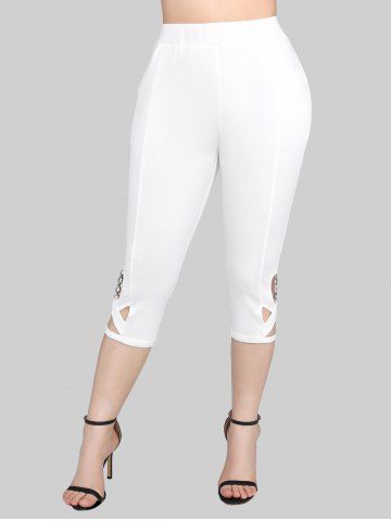 Plus Size Glitter Sparkling Rhinestone Buckle Solid Pockets Crisscross Hollow Out Side Skinny Capri Pants