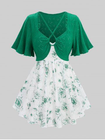 Plus Size Flutter Sleeves Pointelle Flower Embroidered Crisscross Strappy Ruffles Ruched Textured 2 in 1 Top - GREEN - L | US 12