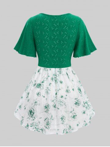 Plus Size Flutter Sleeves Pointelle Flower Embroidered Crisscross Strappy Ruffles Ruched Textured 2 in 1 Top