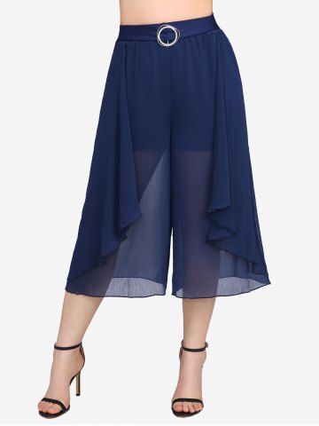 Pantalon Texturé Superposé Brillant Grande Taille avec Poches en Mousseline à Paillettes - DEEP BLUE - M | US 10