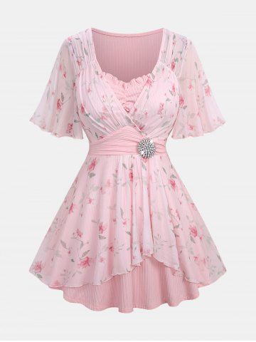 Plus Size Rose Flower Print Mesh Tulip Hem Buckle Ruffles Ruched Surplie Ribbed Textured 2 In 1 Top - LIGHT PINK - 3X | US 22-24