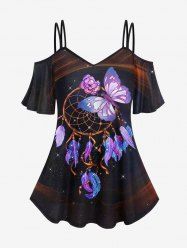 Plus Size Cold Shoulder Glitter Stars Galaxy Feather Dreamcatcher Butterfly Floral Print Ombre Cami T-shirt -  