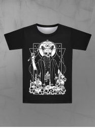 Gothic Skulls Candle Sword Dog Wizard Stars Print Short Sleeves T-shirt For Men - Noir 7XL
