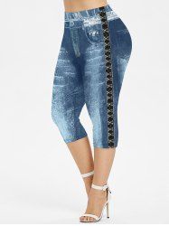 Plus Size Pockets Grommets Buckles Distressed Denim 3D Print Capri Leggings -  